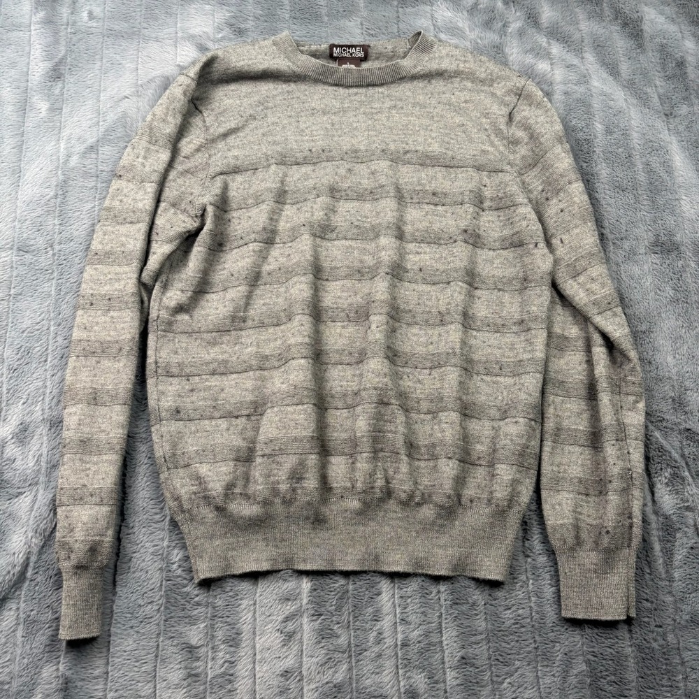 Michael Kors Mens Grey Textured Stripe Wool Blend Crew Neck Sweater Large 13412